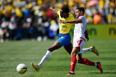 Sundowns' goalscorer Peter Shalulile battles for the ball with Wydad's Yahia Attiyat Allah during the African Football League final second-leg. AFP
