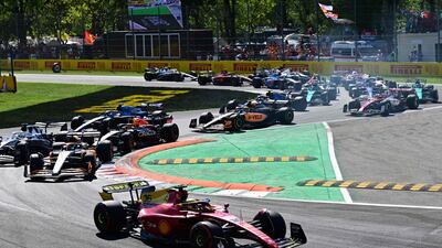Ferrari's Charles Leclerc leads at the start of the Italian Grand Prix. AFP