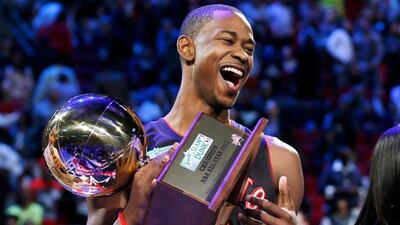 Terrence Ross celebrates winning the Slam Dunk contest during All Star weekend. Pic: Lucy Nicholson/Reuters