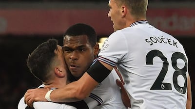 West Ham United's French defender Issa Diop (C) celebrates their equaliser. Reuters