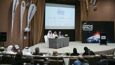 Mohammed Al Otaiba, Editor-in-Chief of The National, with Dr Mohammed Al Ahbabi, Director General of the UAE Space Agency and Peter McGrath, Director, Global Sales and Marketing, Space Exploration, Boeing, at the press conference. Philip Cheung for The National
