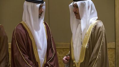 Sheikh Omar bin Zayed, Deputy Chairman of the Board of Trustees of the Zayed bin Sultan Al Nahyan Charitable and Humanitarian Foundation, left, with Ahmed Juma Al Zaabi, Deputy Minister of Presidential Affairs, right during the wedding reception of Sheikh Tahnoon bin Hamad, who is marrying the daughter of Sheikh Khalifa bin Saif Al Nahyan. Donald Weber / Crown Prince Court - Abu Dhabi