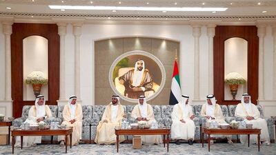 L-R: Sheikh Saud bin Rashid, Ruler of Umm Al Quwain, Sheikh Humaid bin Rashid, Ruler of Ajman, Sheikh Mohamed bin Rashid, Ruler of Dubai, Sheikh Hamid bin Mohammed, Ruler of Fujairah, Sheikh Mohamed bin Zayed, Crown Prince of Abu Dhabi, Sheikh Saud bin Saqr, Ruler of Ras Al Khaimah, and Sheikh Sultan bin Mohammed bin Sultan Al Qasimi, Crown Prince and Deputy Ruler of Sharjah. Courtesy: Dubai Media Office