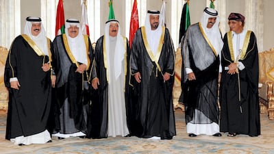 Sheikh Hamad in 2010 with, from left, Bahrain's King Hamad, the late Prince Nayef bin Abdul Aziz, at the time second deputy prime minister of Saudi Arabia, Sheikh Sabah Al Ahmad, at the time ruler of Kuwait, the late UAE President Sheikh Khalifa, and Fahad bin Mahmoud, who was Omani deputy prime minister for cabinet affairs, during a Gulf Co-operation Council summit in Abu Dhabi. EPA
