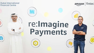 Arif Amiri, chief executive of DIFC Authority, and Omar Soudodi, managing director of Amazon Payment Services, at the launch of the Amazon FinTech Lab in DIFC Innovation Hub in Dubai on Tuesday. Courtesy: Amazon Payment Services