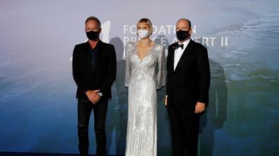 Singer Sting, Princess Charlene of Monaco and Prince Albert II of Monaco pose on the red carpet ahead of the 2020 Monte Carlo Gala for Planetary Health. EPA