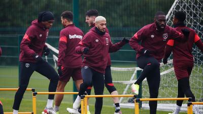 West Ham's Said Benrahma with Arthur Masuaku and teammates. Reuters