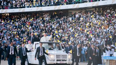 Pope Francis arrives in Zayed Sports City Stadium for Holy Mass. Eissa Al Hammadi / Ministry of Presidential Affairs / WAM