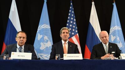 Russian foreign minister Sergei Lavrov, left, US secretary of state John Kerry and the UN special envoy for Syria, Staffan de Mistura, at a news conference after a meting of the International Syria Support Group in Munich, Germany, on February 12, 2016. Christof Stache / AFP