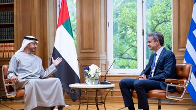 President Sheikh Mohamed meets Mr Mitsotakis at the Maximos Mansion.