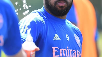 Arsenal striker Alex Lacazette takes some water on board. Getty