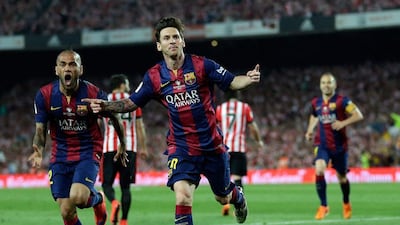 Barcelona's Lionel Messi celebrates after scoring the opening goal during the final of their Copa del Rey match against Athletic Bilbao at Camp Nou in Barcelona, Spain, Saturday, May 30, 2015. (AP Photo/Manu Fernandez)