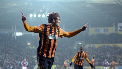Hull City's Nikica Jelavic celebrates scoring his team's first goal during their 2-0 Premier League win against Aston Villa on Tuesday at the KC Stadium. Oli Scarff / AFP