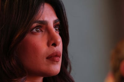 Actress Priyanka Chopra listens during a presentation on the Parkland High School shooting at the Global Education and Skills Forum in Dubai on Saturday. Survivors of a Florida high school shooting took their message calling for greater gun safety measures abroad for the first time on Saturday. Jon Gambrell / AP Photo