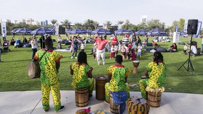 Performers drum at The National Picnic in Umm Al Emarat Park.