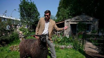 A man poses with a black Wensleydale sheep at the Welcome to Yorkshire Garden.