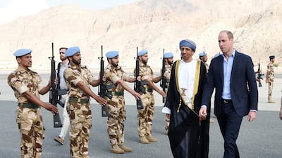 Omani Governor of Musandam Ibrahim Al Busaidi (L) receives Britain's Prince William, Duke of Cambridge upon arrival to visit the state of Khasab in Musandam Governorate, northern Oman. EPA