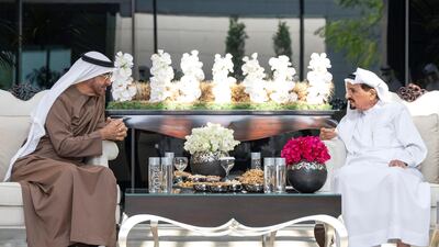 Sheikh Mohamed bin Zayed, Crown Prince of Abu Dhabi, and Sheikh Humaid bin Rashid Al Nuaimi, the Ruler of Ajman, met on Thursday. Courtesy: Ministry of Presidential Affairs