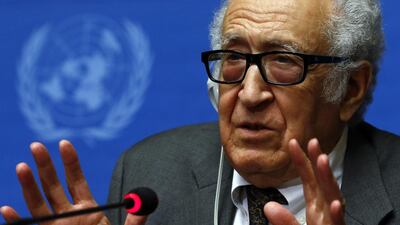 The United Nations mediator Lakhdar Brahimi briefs reporters at the UN European headquarters in Geneva after talks broke off early on Tuesday. Denis Balibouse / Reuters