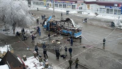 Investigators work at the site of a suicide bombing on a trolleybus in Volgograd. Reuters