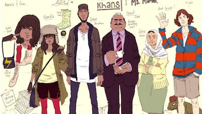 This image from Marvel Comics shows Kamala Khan, second left, with her brother Aamir, father Yusuf, mother Disha and friend Bruno, from the new monthly comic book Ms. Marvel. AP / Marvel