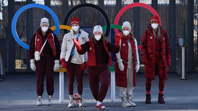 Members of Canada's team pose for a picture in Beijing 2022 Winter Olympic Games village. AFP