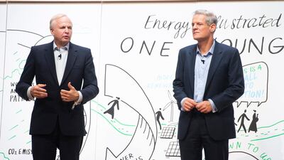 BP's outgoing CEO Bob Dudley (left) and chief economist Spencer Dale discuss the company's record on carbon emissions on stage at the One Young World Summit aimed at young leaders in London on Wednesday. EPA.