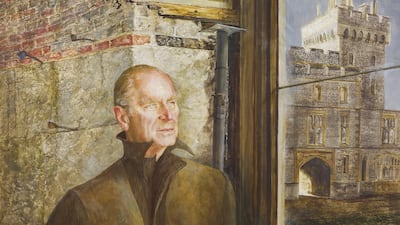 George A Weymouth’s portrait of Prince Philip standing in the shell of St George’s Hall in Windsor Castle after the fire of 1992, holding a roll of floorplans. Courtesy Royal Collection Trust