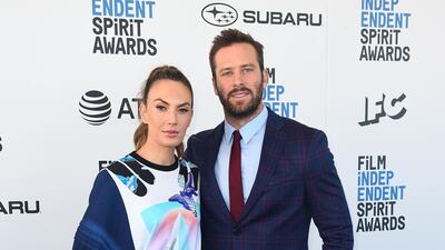 Armie Hammer and Elizabeth Chambers arrive at the 34th Film Independent Spirit Awards on Saturday, February 23, 2019. AP