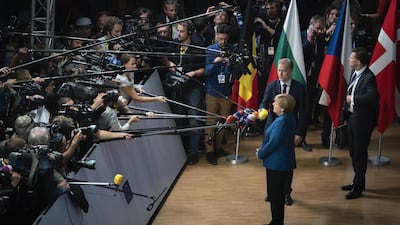Angela Merkel speaks to members of the media ahead of a European Union leaders Brexit summit in Brussels, Belgium, October 17, 2018. Bloomberg