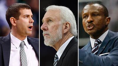From left to right, Boston Celtics coach Brad Stevens, San Antonio Spurs coach Gregg Popovich and Toronto Raptors coach Dwane Casey. (Composite from wire photos)