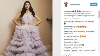 Aliaa Bhatt's stylist shared this photo of the star in the Monsoori gown she wore to the Filmfare Awards. Instagram / Stylebyami