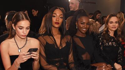 Hana Cross, Jourdan Dunn, Leomie Anderson and Maria Hatzistefanis attend the David Koma front row during London Fashion Week. Getty Images