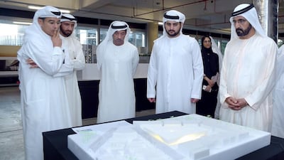 Sheikh Mohammed bin Rashid, Vice President and Ruler of Dubai, views one of the designs for major pavilions for Dubai’s Expo 2020. Courtesy Ecpo 2020