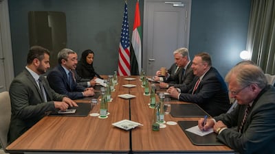 epa08140578 A handout photo made available by US Department of State (DOS) shows US Secretary of State Mike Pompeo (2-R) meeting with United Arab Emirates Minister of Foreign Affairs and International Cooperation Abdullah bin Zayed Al Nahyan (2-L) in Berlin, Germany, 19 January 2020, on the sidelines of the International Libya Conference. The summit, which takes place in Berlin and sees the participation of various world leaders, including Internationally-recognized Prime Minister Fayez al-Serraj and renegade General Khalifa Haftar, will try to begin a process to reconcile the two Libyan rival leaders. EPA/RON PRZYSUCHA/US DEPARTMENT OF STATE HANDOUT HANDOUT EDITORIAL USE ONLY/NO SALES
