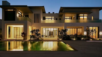 A view of the back of the property at night.