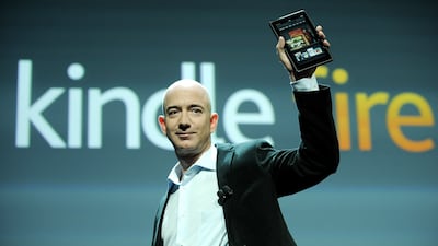 Chief executive Jeff Bezos unveils the Amazon Fire tablet in New York in September 2011. EPA