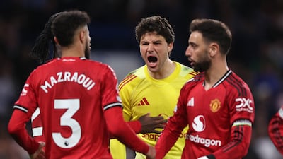 Manchester United's Senne Lammens, centre, with Ayden Heaven, Noussair Mazraoui and Bruno Fernandes. Reuters