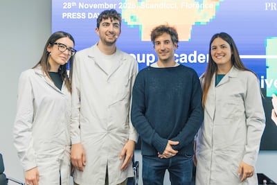 Leathergoods operator Francesca Rettori and Leonardo Nesi, Prada Group CMO Lorenzo Bertelli and Academy student. Photo: Prada