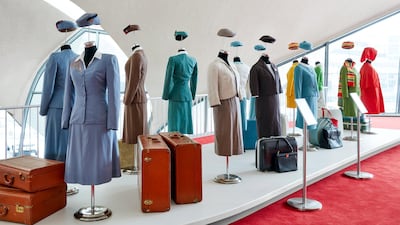 Authentic TWA uniforms — Balmain, Valentino, Stan Herman — are on display. Courtesy TWA Hotel / David Mitchell