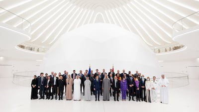 Sheikh Mohamed and Mr Macron inside the UAE pavilion, with Khaldoon Al Mubarak, chief executive and managing director of Mubadala, Jean-Yves Le Drian, French Minister for Europe and Foreign Affairs, Noura Al Kaabi, UAE Minister of Culture and Youth, Sheikh Abdullah bin Zayed, Minister of Foreign Affairs and International Co-operation, Sheikh Khaled bin Mohamed, a member of the Abu Dhabi Executive Council and chairman of the Abu Dhabi Executive Office, Reem Al Hashimy, Minister of State for International Co-operation and Director General of Expo 2020 Dubai and French ministers and executives. Photo: Ministry of Presidential Affairs
