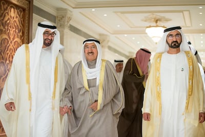 Sheikh Sabah with Sheikh Mohammed bin Rashid, UAE Vice President and Ruler of Dubai, right, and Sheikh Mohamed bin Zayed, Crown Prince of Abu Dhabi and Deputy Supreme Commander of the Armed Forces, in Abu Dhabi in 2014. Ryan Carter / Crown Prince Court - Abu Dhabi