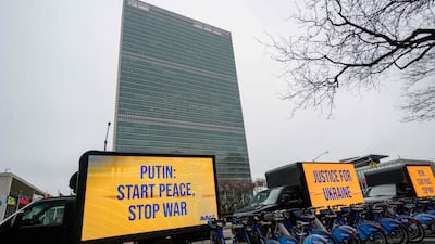 Outside UN headquarters in New York, protesters mark the first anniversary of the war in Ukraine. AFP