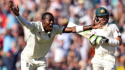 England fast bowler Jofra Archer appeals unsuccessfully for the wicket of Australia captain Tim Paine. AFP