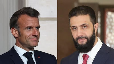 Syrian leader Ahmad Al Shara, right, will meet French President Emmanuel Macron. Reuters
