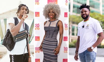 From left to right: Somali rapper Freek, Heather Small and Nigerian singer MKO will perform at the festival. Photo: Elia Mssawir, Getty Images, Reem Mohammed / The National