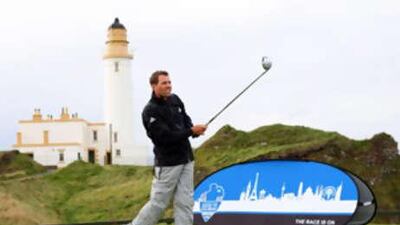Sergio Garcia came in a helicopter and played with members of the media on the tenth hole at the Turnberry Resort.