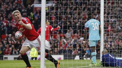 Bastian Schweinsteiger celebrates after Anthony Martial scores for Manchester United. “It was a foul,” said Randolph while Bilic added: “It was obvious, a foul by Schweinsteiger on Randy. I am a bit gutted for that.” Reuters / Carl Recine