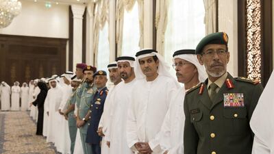 (R-L) Lt Gen Hamad Al Romaithi, Chief of Staff of the UAE Armed Forces, Saif Al Aryani, Secretary General of the UAE Higher National Security Council, and Ali Al Shamsi, Deputy Secretary-General of the UAE Supreme National Security Council attend an iftar reception at Al Bateen Palace. Ryan Carter / Crown Prince Court — Abu Dhabi
