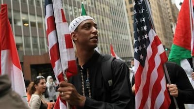 Marchers assemble for the American Muslim Day Parade on September 26 in New York. A reader praises the religious understanding and tolerance as portrayed by Fatima al Shamsi's column 'Emirati in New York'.